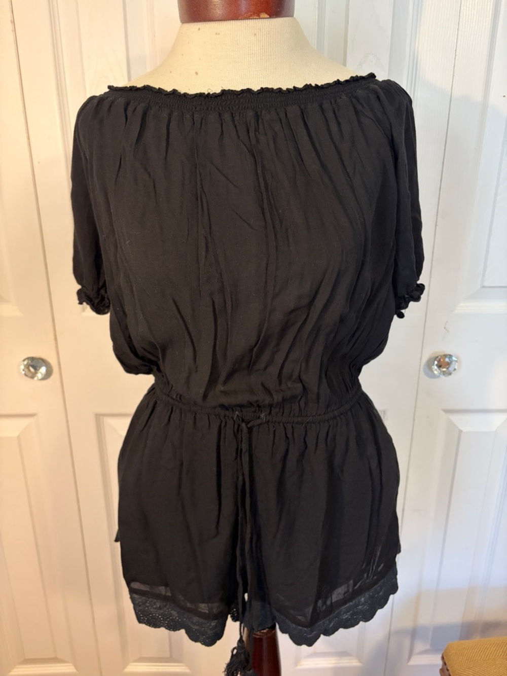 Auguste Black Off-Shoulder Smocked Waist Romper size 2